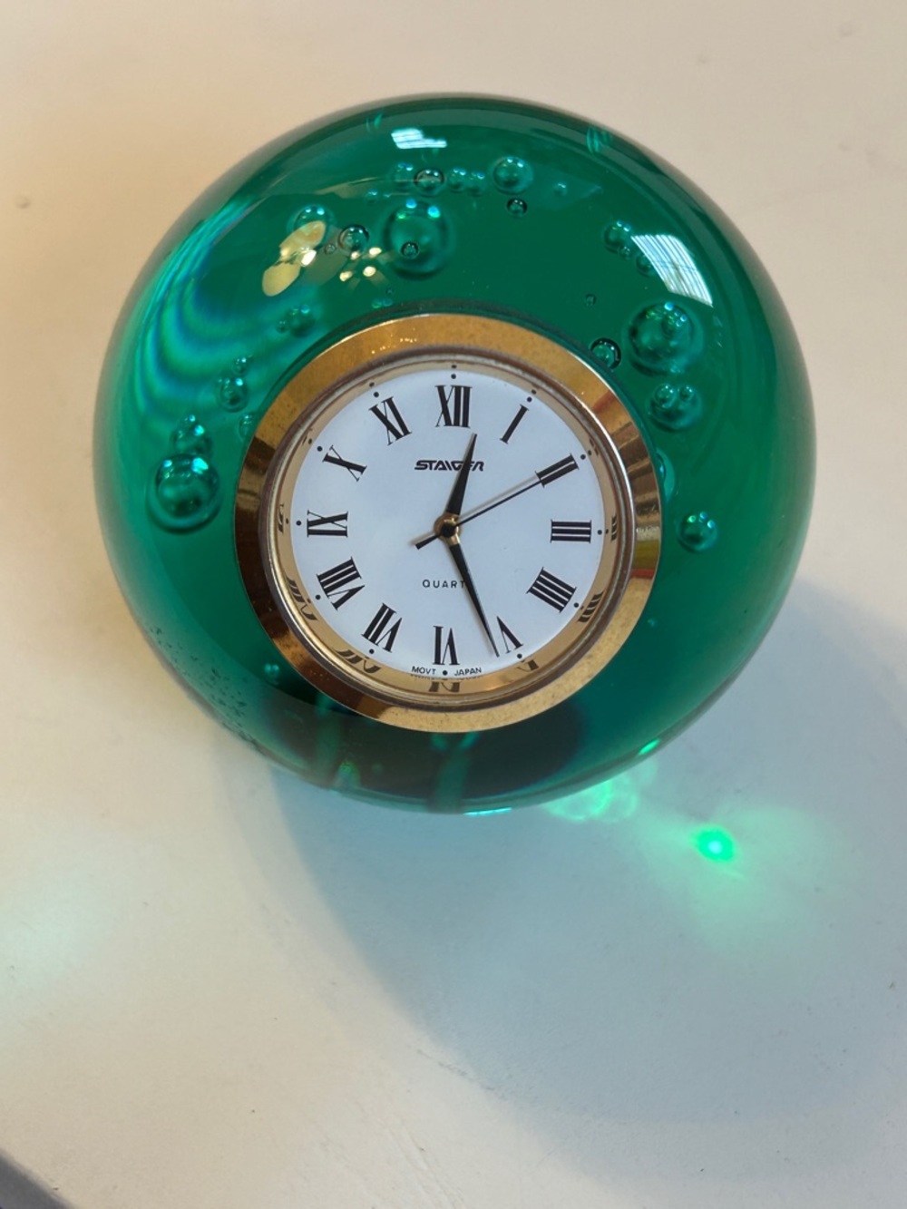 Vintage Staeger Paperweight Clock Green Glass Heavy